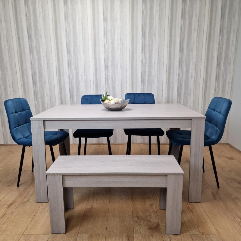 Image of KOSY KOALA Grey Dining Table and 4 Blue Velvet Tufted Chairs with 1 Bench Grey