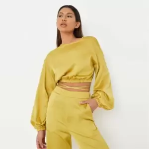 Image of Missguided Satin Blloon Slv Wrap Blouse Co-Ord - Green