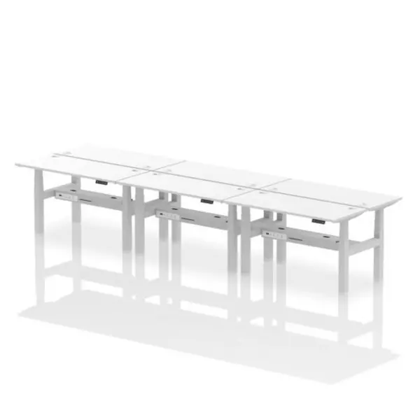 Image of Air Air Back-to-Back 1400 x 600mm Height Adjustable 6 Person Bench Desk White Top with Cable Ports Silver Frame HASCP6P14600WHTS