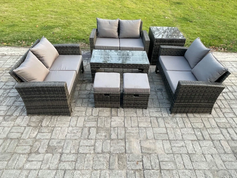 Image of Fimous 7 PCS Outdoor Lounge Sofa Set Wicker PE Rattan Garden Furniture Set with Coffee Table Double Seater Sofa Side Table in Dark Grey Dark Grey Unis