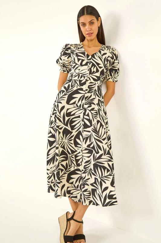 Image of Roman Womens Abstract Print Button Midi Dress in Black Size: 16 Black Female 16