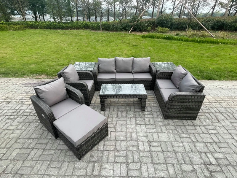 Image of Fimous Outdoor Rattan Garden Furniture Set Rattan Lounge Sofa Set with Rectangular Coffee Table 2 Side Tables Big Footstool Dark Grey Mixed Dark Grey