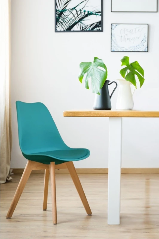 Image of Fusion Living Soho Plastic Dining Chair with Squared Light Wood Legs Teal