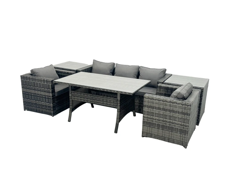Image of Fimous Outdoor Dining Table Sofa Set with 2 Side Tables Dark Grey Mixed Dark Grey Unisex
