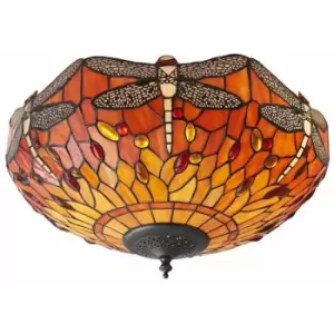 Image of Loops - Tiffany Glass Semi Flush Ceiling Light Flame Dragonfly Inverted Shade i00045