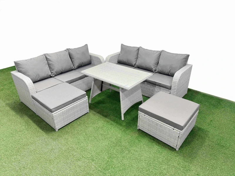 Image of Fimous Rattan High Back Lounge Sofa Set with 3 Seater Sofa 2 Big Stool in Light Grey Light Grey Unisex
