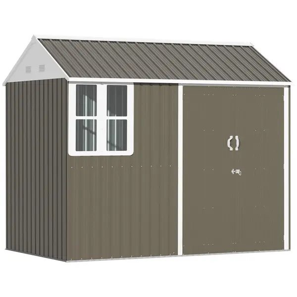 Image of Outsunny 8x6 ft Metal Garden Shed Outdoor Storage Shed with Doors Window Sloped Roof, Grey Grey