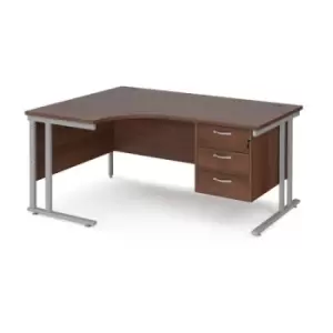 Image of Office Desk Left Hand Corner Desk 1600mm With Pedestal Walnut Top With Silver Frame 1200mm Depth Maestro 25 MC16ELP3SW