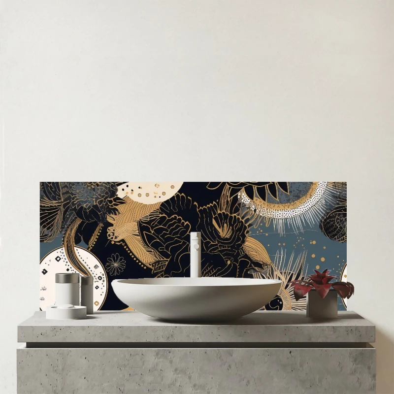 Image of Warren Reed - Designer Abstract Blue Gold Moon Sun Glass Bathroom Splashback in Yellow Yellow Unisex