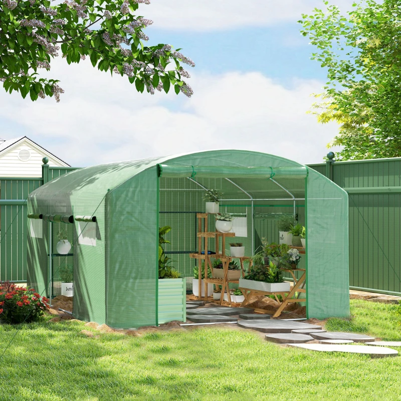 Image of Outsunny Polytunnel Greenhouse with 3 Roll-up Doors - Green - 4m TJ Hughes 5063603454965