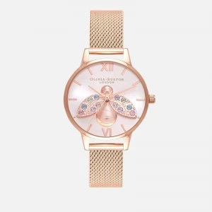 Image of Olivia Burton Womens Rainbow Bee Sunray Mesh Watch - Rose Gold