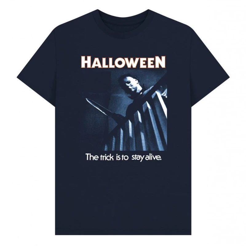 Image of Halloween Mens Trick To Stay Alive T-Shirt in Navy Size: Small Navy Male S