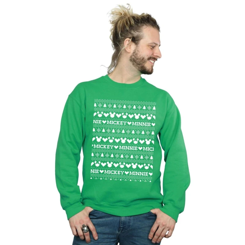 Image of Disney Men Mickey And Minnie Christmas Fair Isle Sweatshirt in Green Size: Small Green S Male 5057736013939