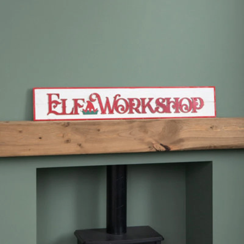 Image of Samuel Alexander 92Cm Wooden White Washed Christmas Elf Workshop Sign With Red Letters