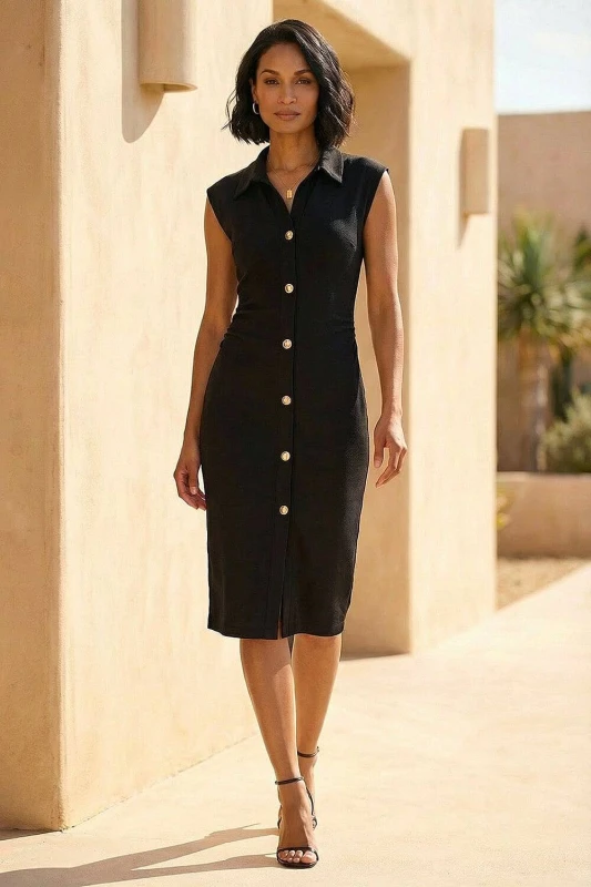 Image of Dusk Womens Collared Ribbed Midi Dress in Black Size: 14 Black Female 14