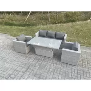 Image of Fimous 5 Seater Light Grey Outdoor Rattan Garden Dining Complete Sofa Set with Adjustable Rising Lifting Table