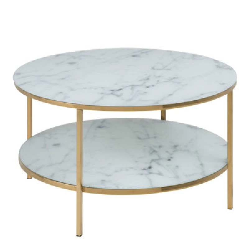Image of Furniture To Go Alisma Round Coffee Table with White Crystal Clear Marble Glass Top & Gold Legs White