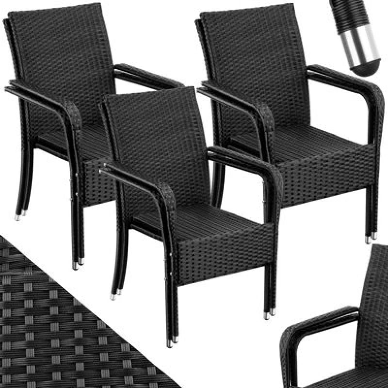 Image of Tectake Rattan Garden Chair Girona - Polyrattan & Steel, Weather & Sun Resistant, Stackable - Black - Set Of 6