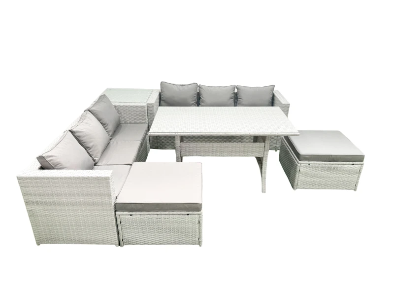 Image of Fimous Rattan Garden Furniture Set 8 Seater Outdoor Sofa Set with Dining Table Side Table 2 Big Footstools Light Grey Mixed Light Grey