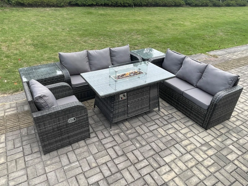 Image of Fimous Rattan Outdoor Furniture Gas Fire Pit Dining Table Gas Heater Reclining Chair 3 Seater Sofa Sets with 2 Side Tables 7 Seater Dark Grey