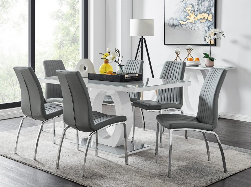 Image of FurnitureboxUK FurnitureboxUK Giovani 6-Seater Grey Glass Dining Table and 6 Isco Faux Leather Dining Chairs Grey One Size Unisex 5056542650604