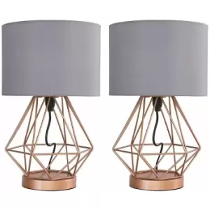 Image of 2 x Copper Touch Table Lamps + Grey Shade - No Bulbs