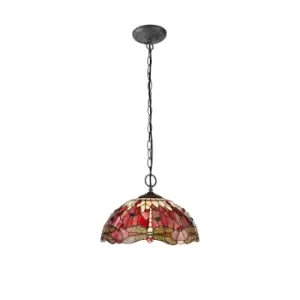 Image of 2 Light Downlighter Ceiling Pendant E27 With 40cm Tiffany Shade, Purple, Pink, Crystal, Aged Antique Brass