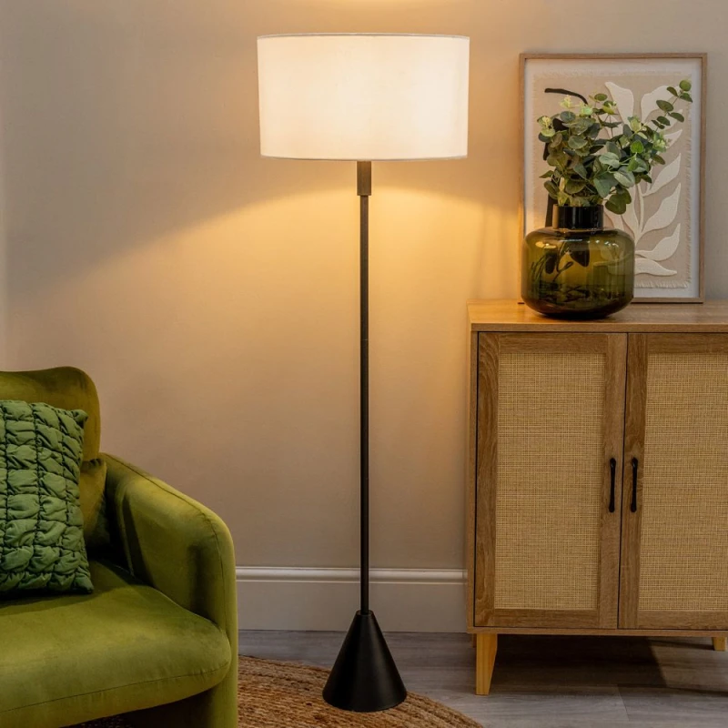 Image of ValueLights ValueLights Mitch Fabric Drum Shade Black Wood Single Stem Triangle Floor Lamp in Grey Grey One Size Unisex 5059406064593