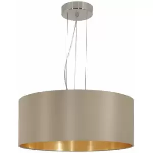 Image of Pendant Light Colour Satin Nickel Steel Shade Taupe Gold Fabric Bulb E27 3x60W