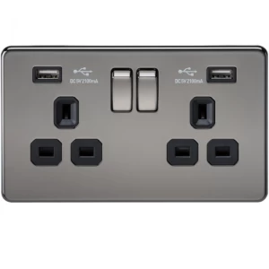 Image of KnightsBridge 2G 13A Screwless Black Nickel 2G Switched Socket with Dual 5V USB Charger Ports - White Insert