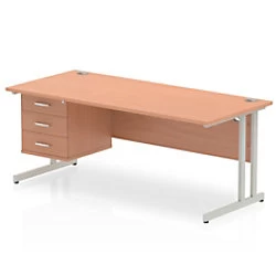 Image of Dynamic Rectangular Office Desk Beech MFC Cantilever Leg Silver Frame Impulse 1 x 3 Drawer Fixed Ped 1800 x 800 x 730mm