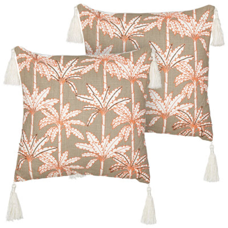 Image of Beliani Set Of 2 Decorative Cushions Melobesia Cotton 45 X 45cm Multicolour Plant Pattern