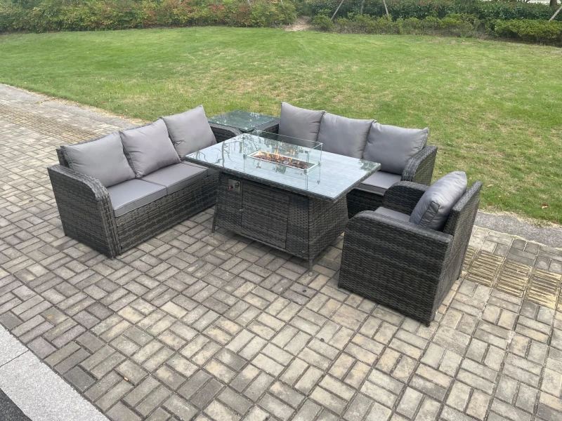 Image of Fimous Rattan Outdoor Furniture Gas Fire Pit Dining Table Gas Heater Reclining Chair 3 Seater Sofa Sets with Side Table 7 Seater Dark Grey
