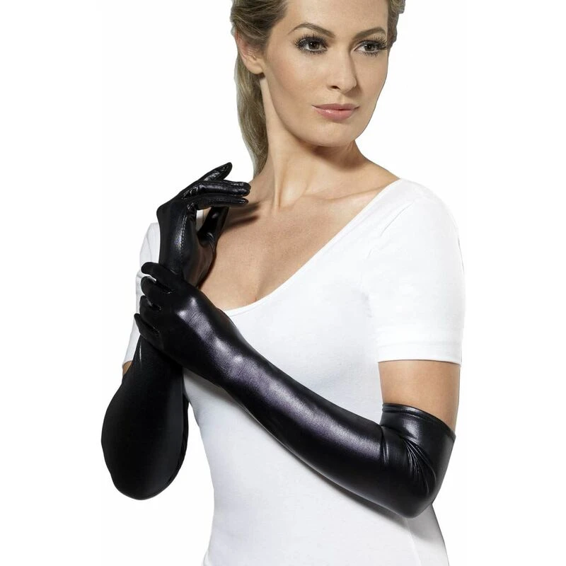 Image of Smiffys Smiffys Fever Black Wet Look Gloves Black unisex