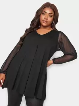 Image of Yours Yours Long Sleeve Pleat Swing Top Mesh Sleeve, Black, Size 26-28, Women