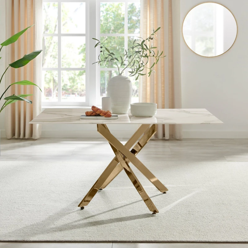 Image of FurnitureboxUK FurnitureboxUK Leonardo 6-Seater Dining Table With Marble Effect Glass Top And Gold Metal Legs in White White One Size Unisex 505654269