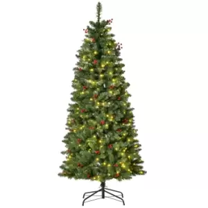 Image of HOMCOM 5FT Prelit Artificial Pencil Christmas Tree with Warm White LED Light, Red Berry, Holiday Home Xmas Decoration, Green