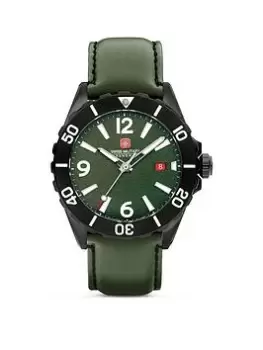 Image of Swiss Military Black Genuine Leather Strap Buckle Watch With Green Dial