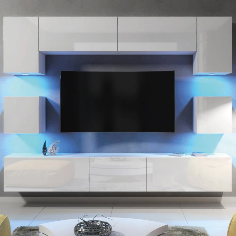 Image of Creative Furniture Panorama Wall TV Unit - White with Gloss Doors + LED Lights White Unisex
