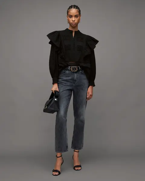 Image of AllSaints Aubrey Embroidered Frill Broderie Top