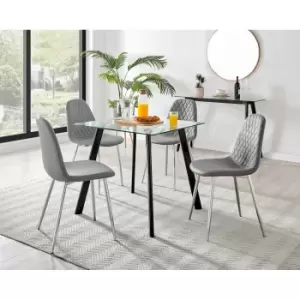 Image of Furniture Box Seattle Glass and Black Leg Square Dining Table & 4 Grey Corona Silver Chairs