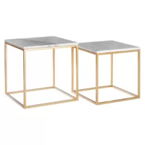 Image of Set of 2 Square Marble Side Tables with Gold Finished Frames