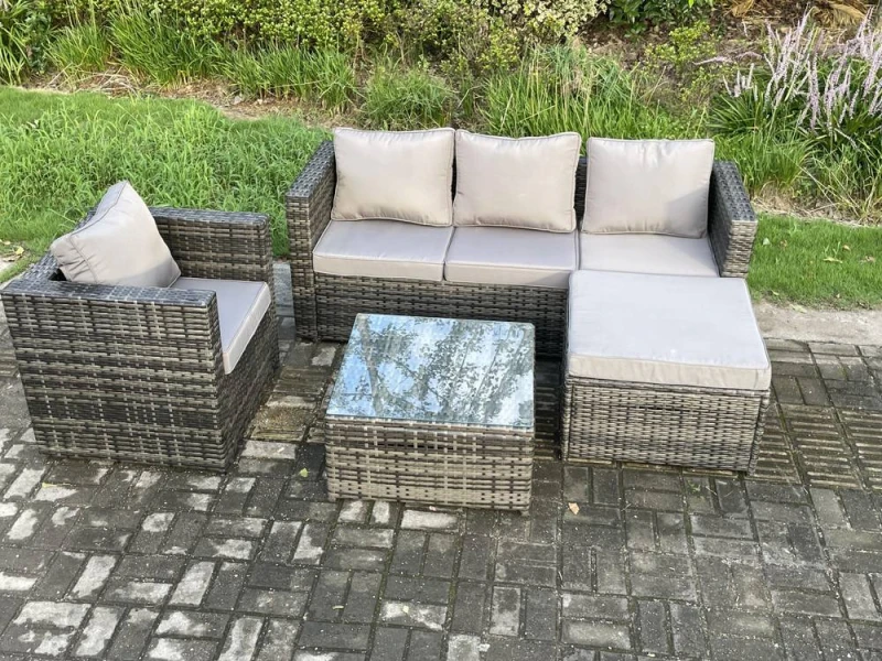 Image of Fimous Rattan Garden Furniture Set Patio Outdoor Lounge Sofa Set with Armchair Square Coffee Table Big Footstool Dark Grey Mixed Dark Grey