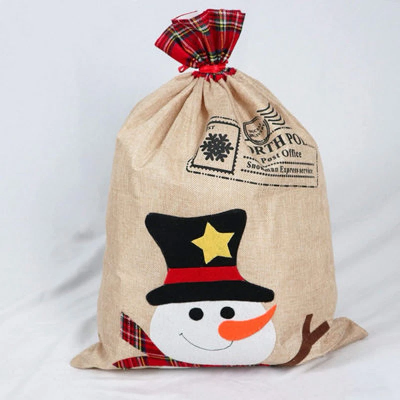 Image of Shatchi Large Santa Sack Stocking Printed Pattern Burlap Hessian Linen Xmas Sock Hanging Gift Bags 70X50Cm