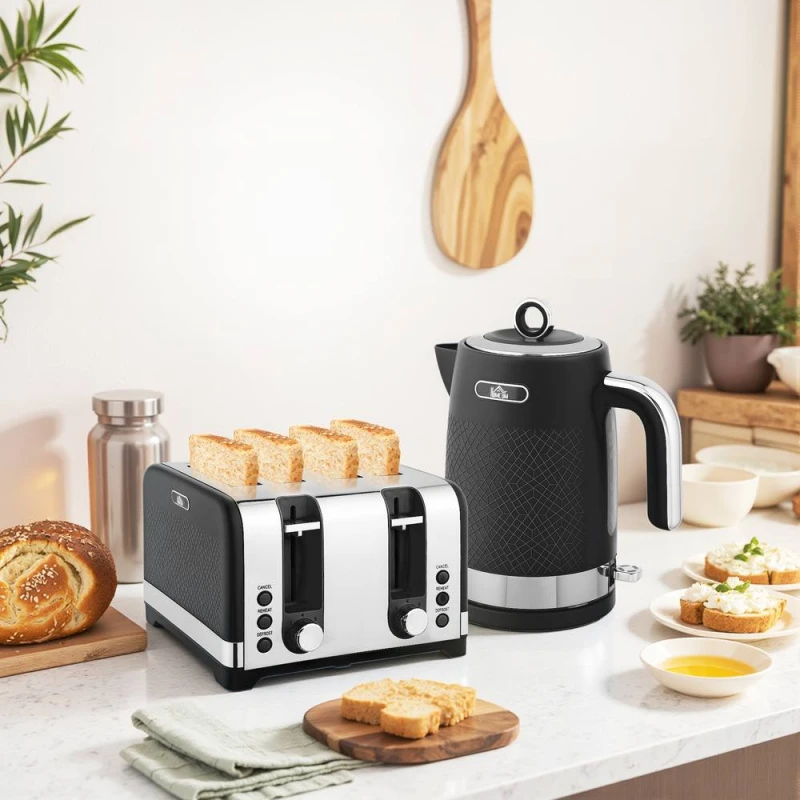 Image of HOMCOM HOMCOM Kettle and Toaster Set with 3000W Rapid Boil, 4 Slice Toaster, Black 5063603087460