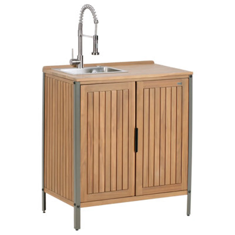 Image of Beliani Outdoor Kitchen Cabinet With Sink Ivrea Certified Acacia Wood Brown/ Silver