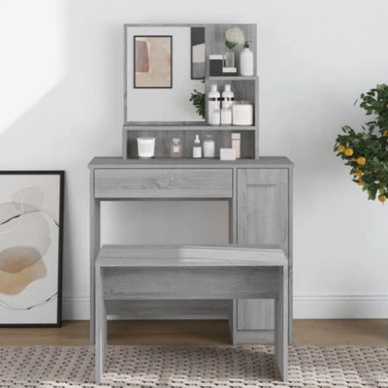 Image of Vidaxl Dressing Table With Mirror Grey Sonoma 86.5X35X136 Cm, Grey 820494