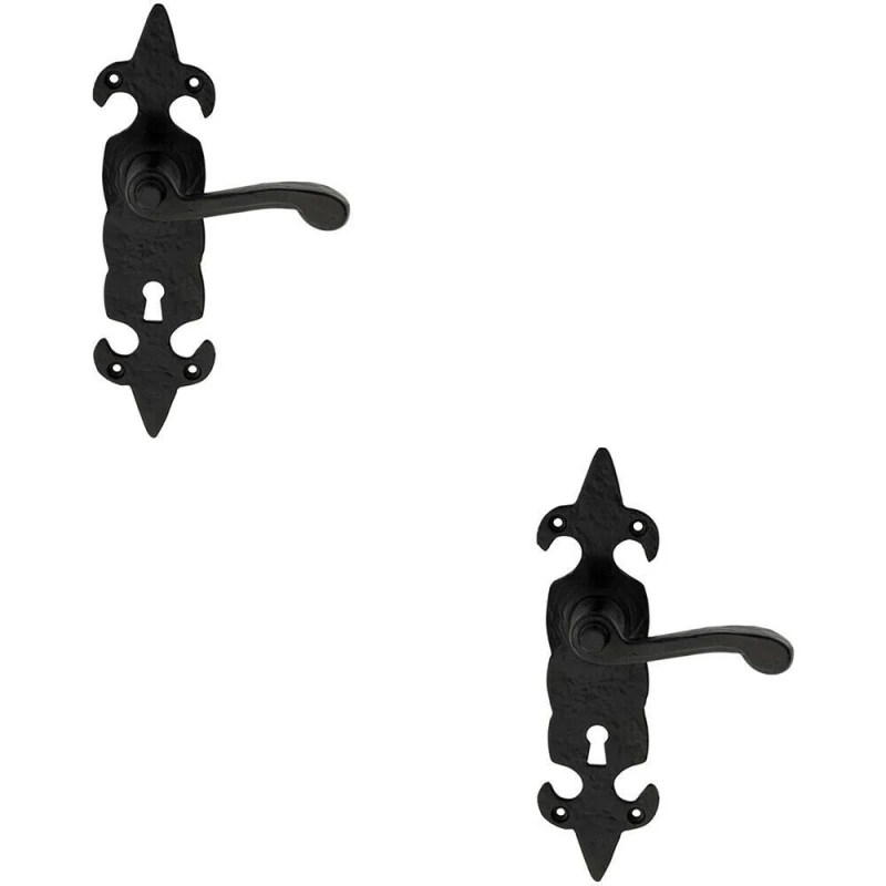 Image of Loops 2x PAIR Forged Scroll Lever Handle on Lock Backplate 206 x 57mm Black Antique Black