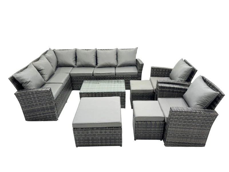 Image of Fimous 11 Seat Rattan High Back Corner Sofa Set with 3 Stools Chair in Dark Grey Dark Grey Unisex