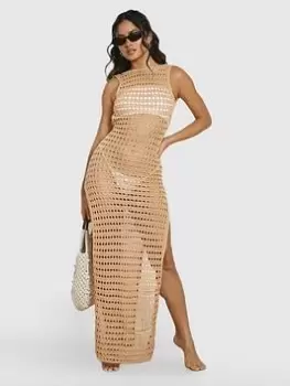 Image of Boohoo Crochet Maxi Beach Dress - Stone, Beige, Size L, Women